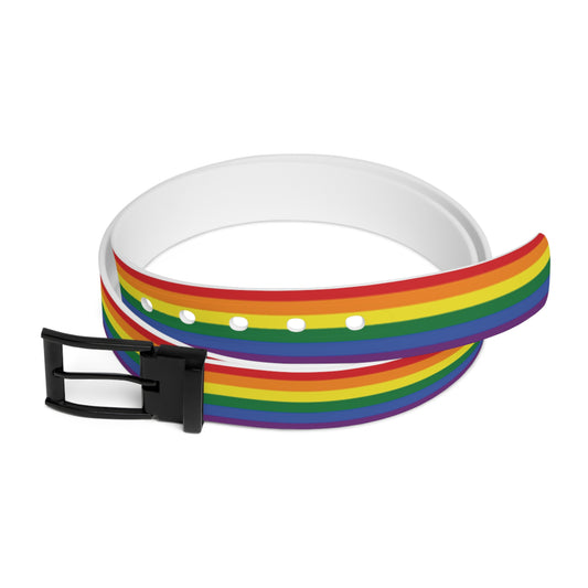 Rainbow LGBTQ Pride belt with a black buckle on a white background
