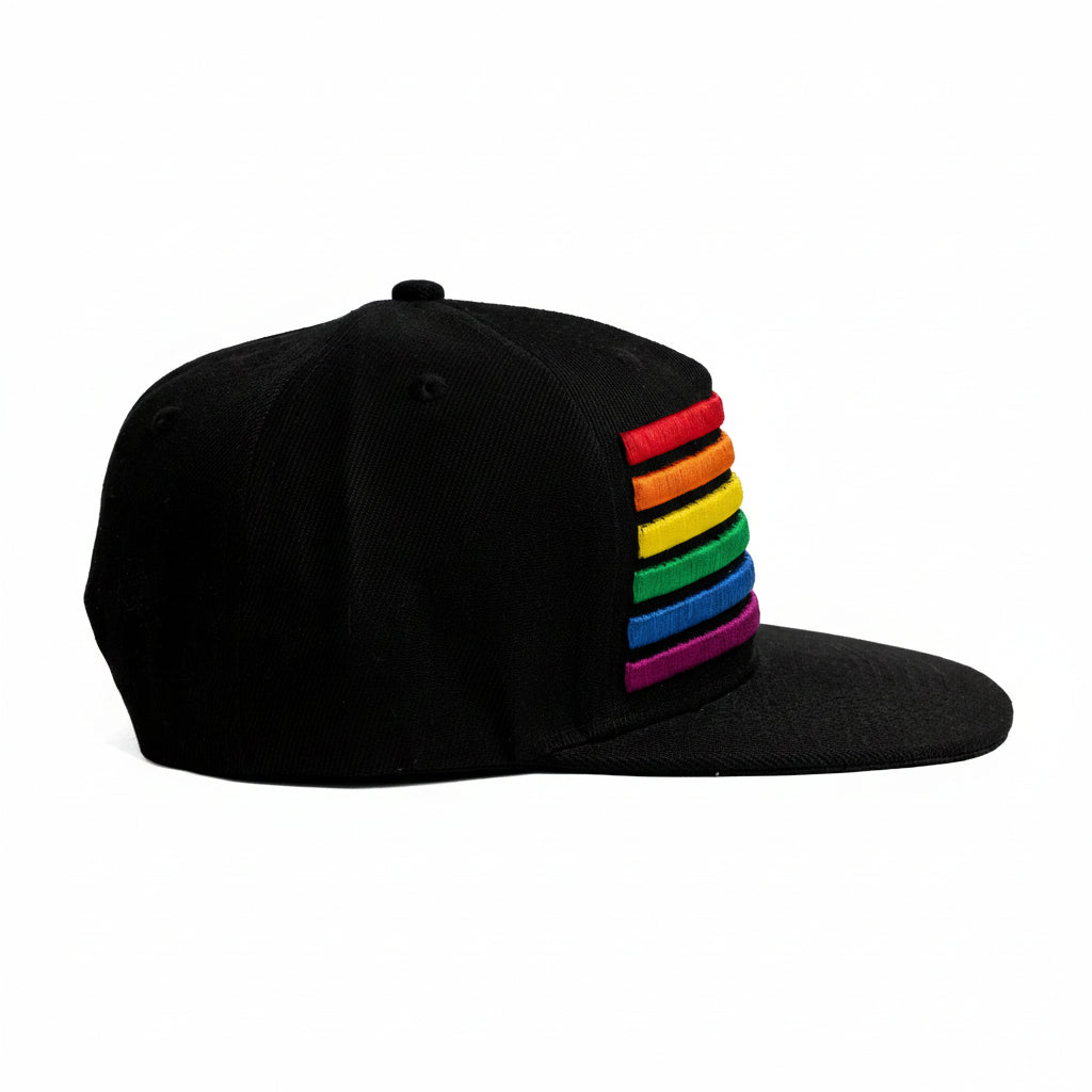 Black cap with embroidered rainbow stripes on a white background