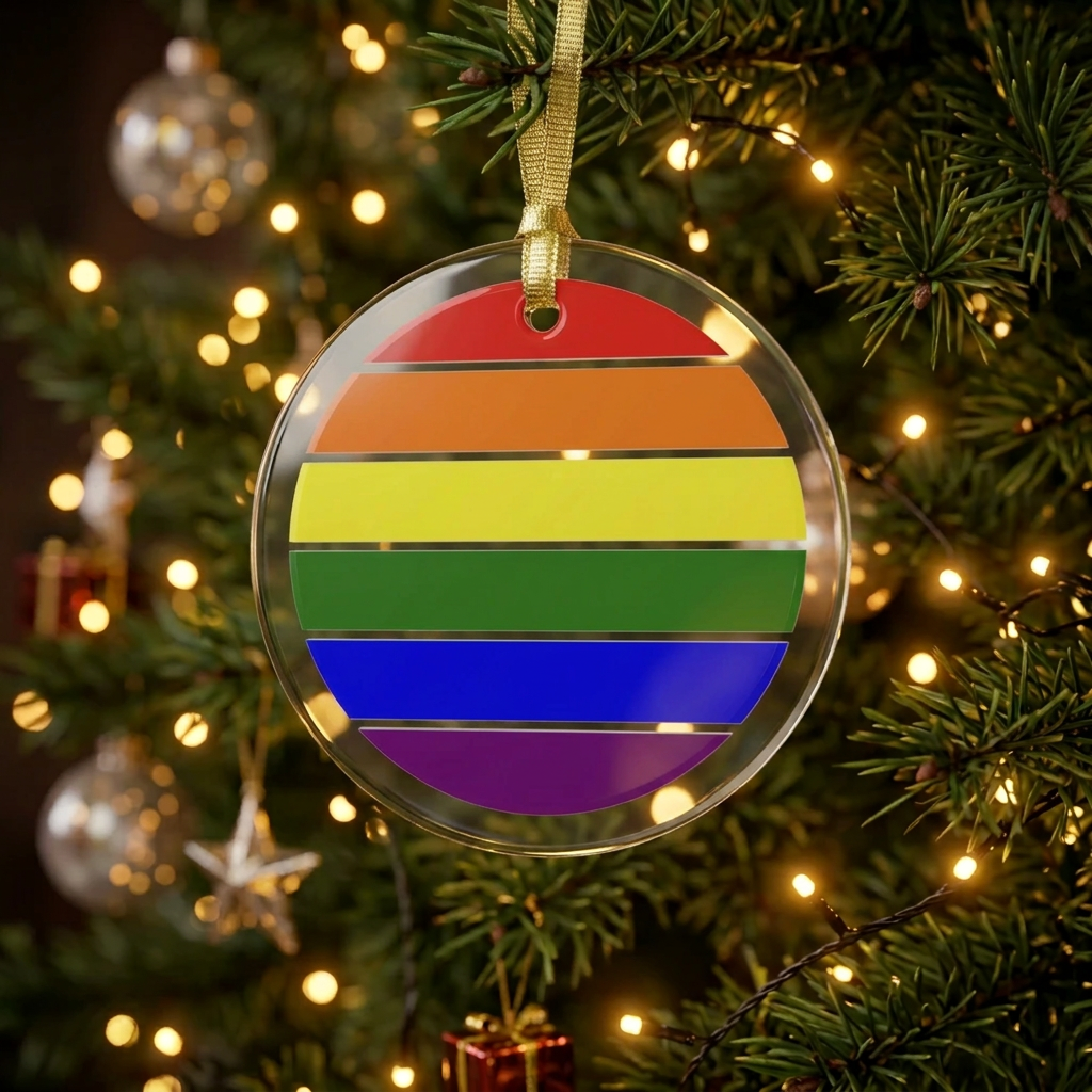 Round crystal clear holiday ornament with LGBTQ rainbow stripes hung from a christmas tree with lights using a gold ribbon