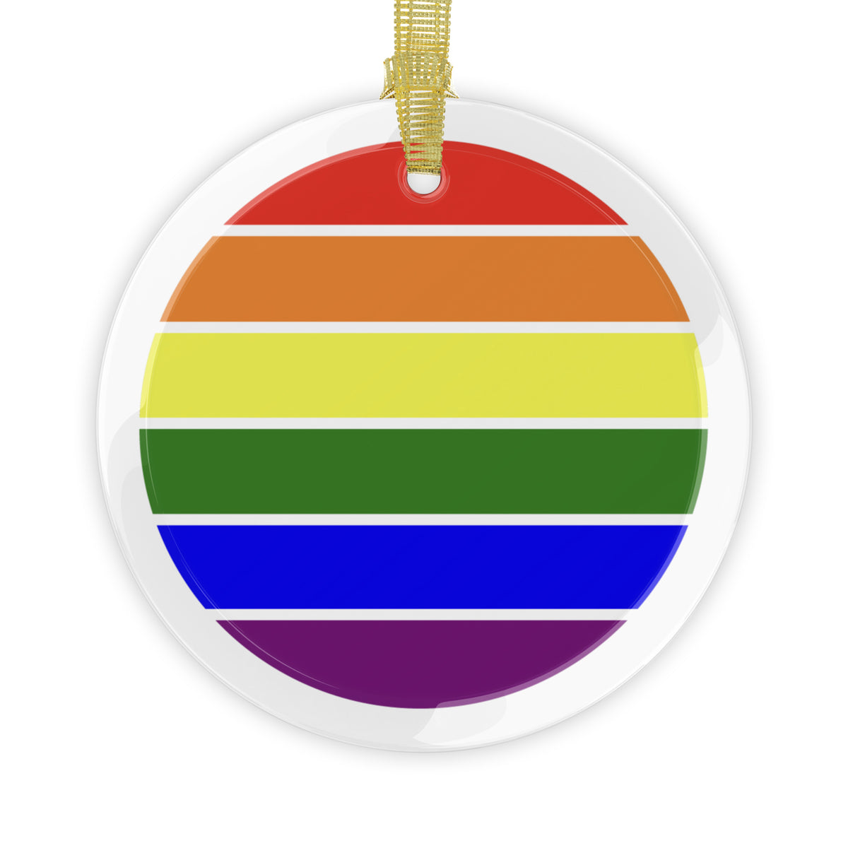 Round crystal clear holiday ornament with rainbow stripes and a gold ribbon hanger