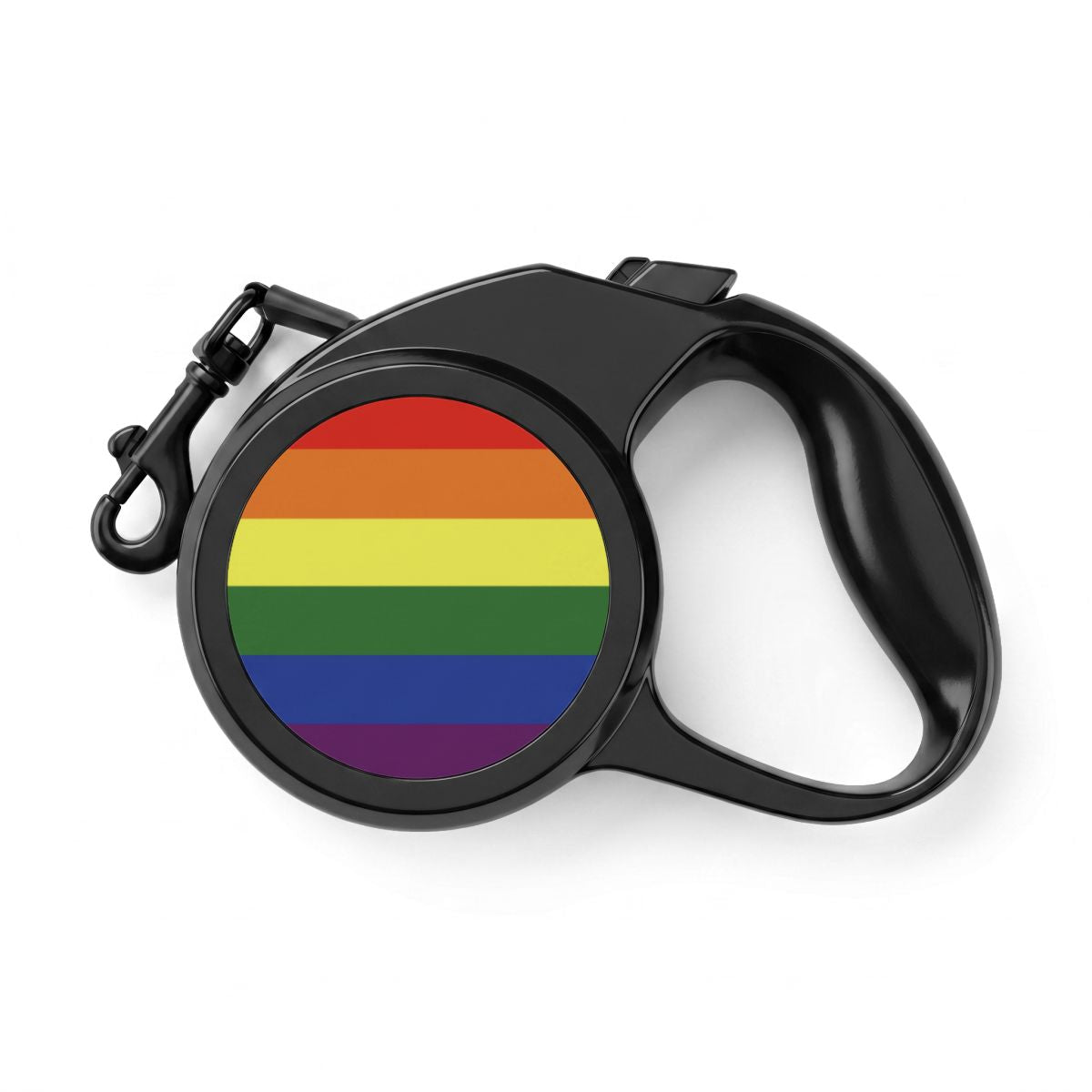A black retractable dog leash with a circular housing featuring a horizontal rainbow pride flag design, shown on a clean white background.