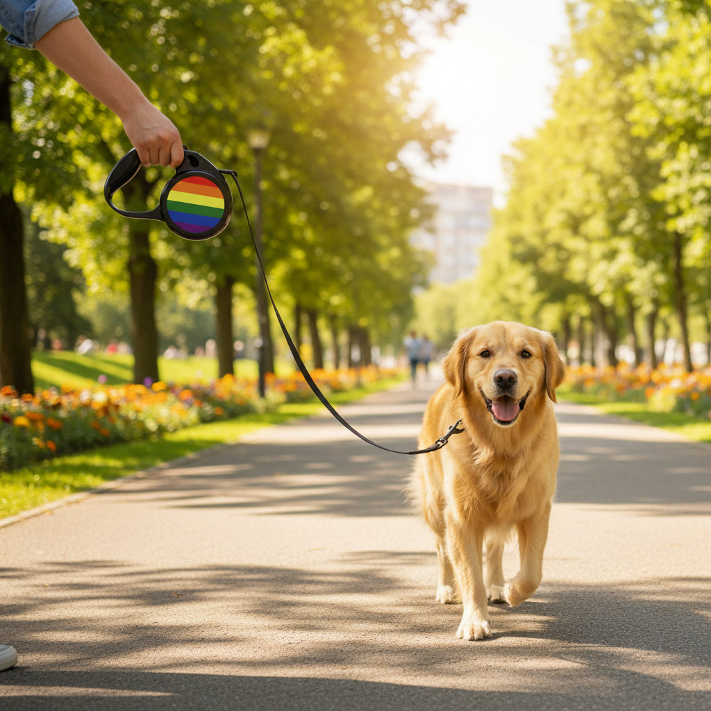 A black retractable dog leash with a circular handle featuring a horizontal rainbow pride flag design, with person walking a golden retriever.