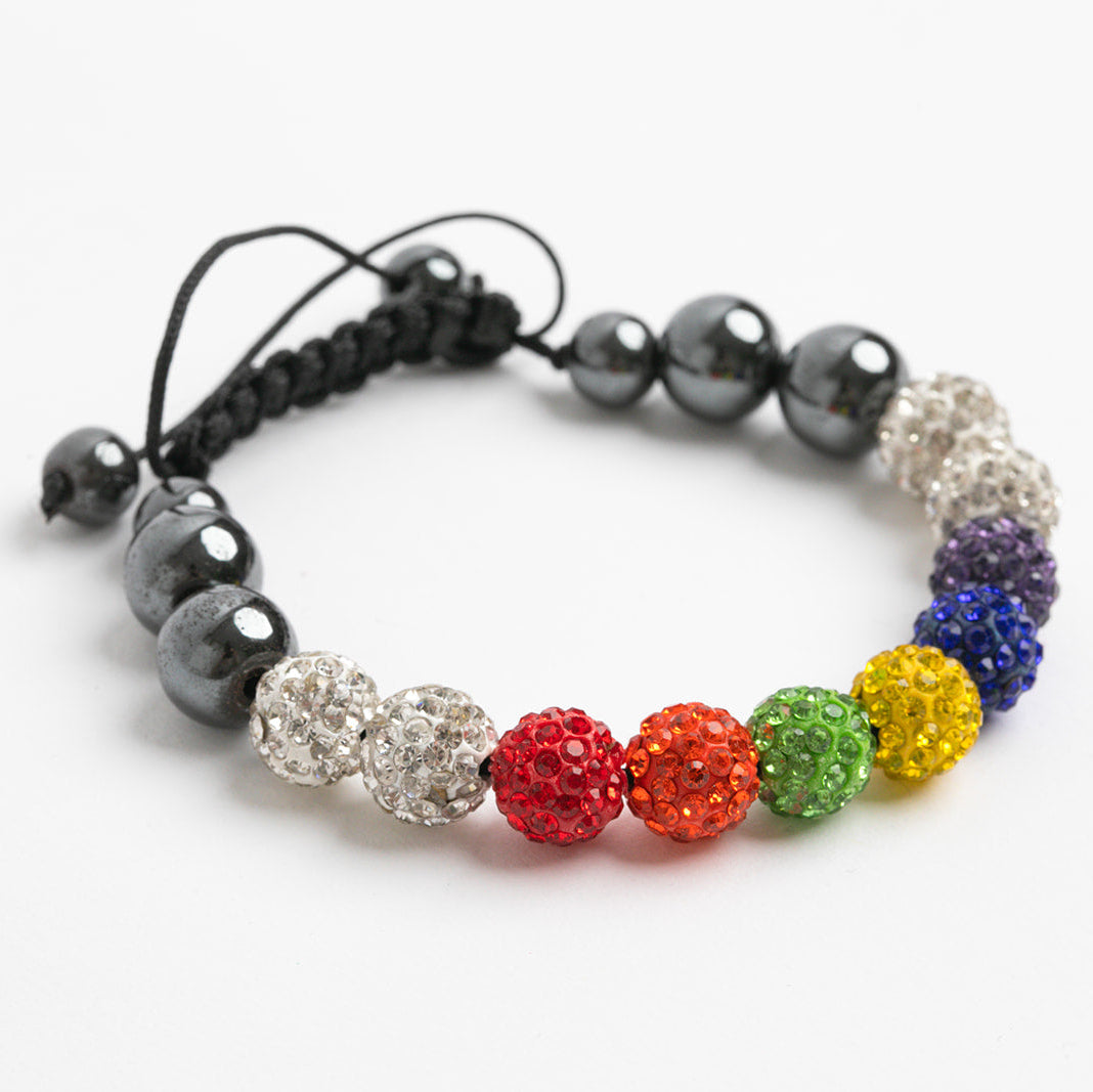 lgbt pride bracelet with multicolored beads on a white background