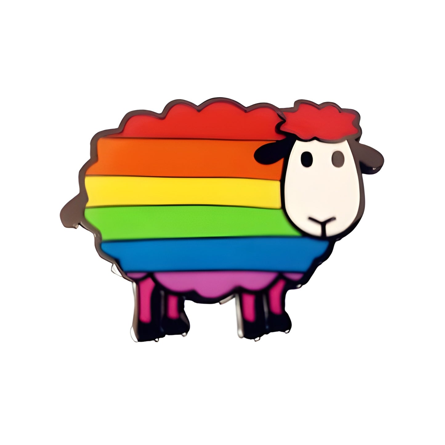 LGBTQ pride rainbow colored sheep-shaped pin on a white background