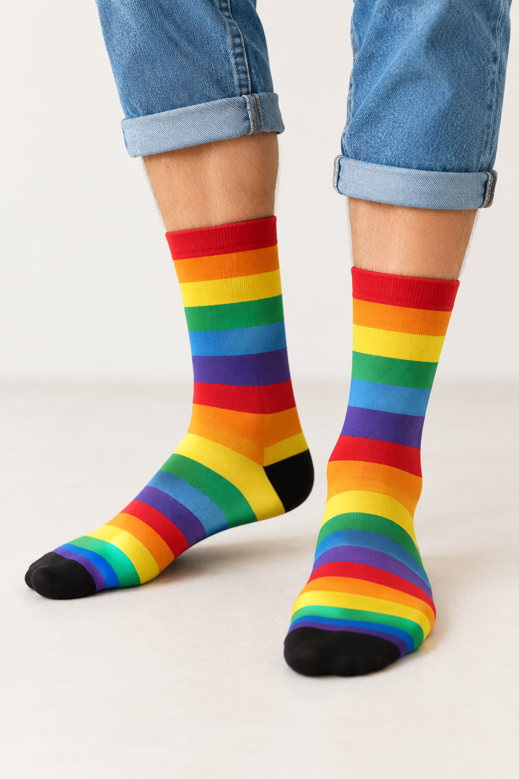 A person wearing a pair of rainbow-striped socks shown against a white background, with horizontal bands of red, orange, yellow, green, blue, purple, and a black toe section.