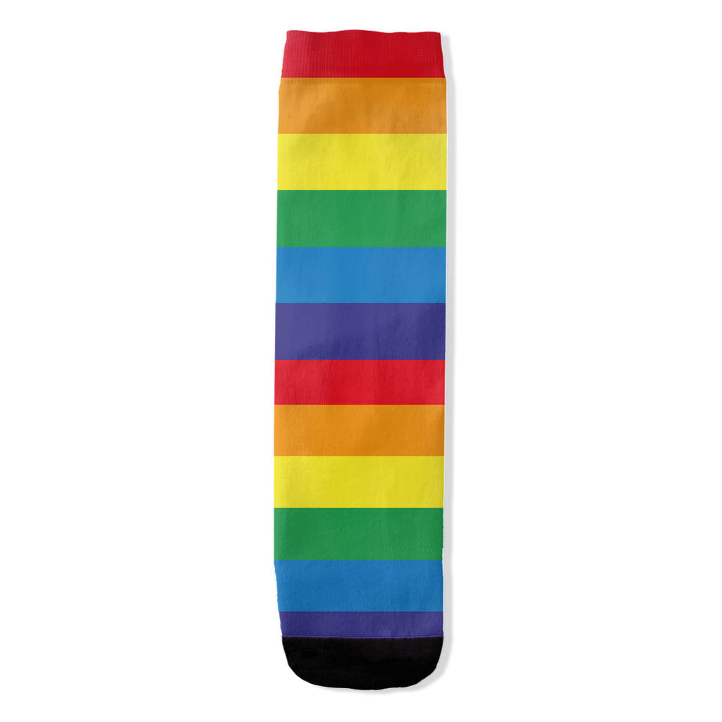 A single rainbow-striped sock shown flat against a white background, with horizontal bands of red, orange, yellow, green, blue, purple, and a black toe section.