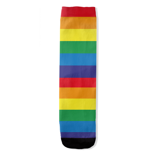 A single rainbow-striped sock shown flat against a white background, with horizontal bands of red, orange, yellow, green, blue, purple, and a black toe section.