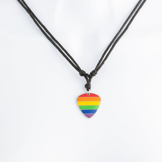 Necklace with a rainbow guitar pick pendant on a white background