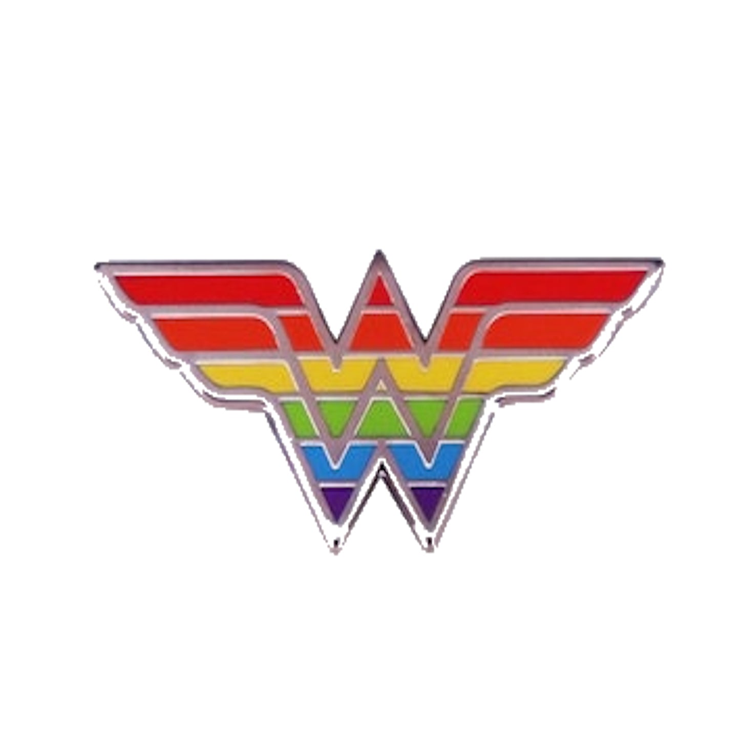 LGBTQ pride rainbow colored Wonder Woman logo on a white background