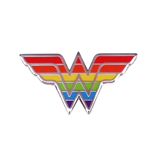 LGBTQ pride rainbow colored Wonder Woman logo on a white background