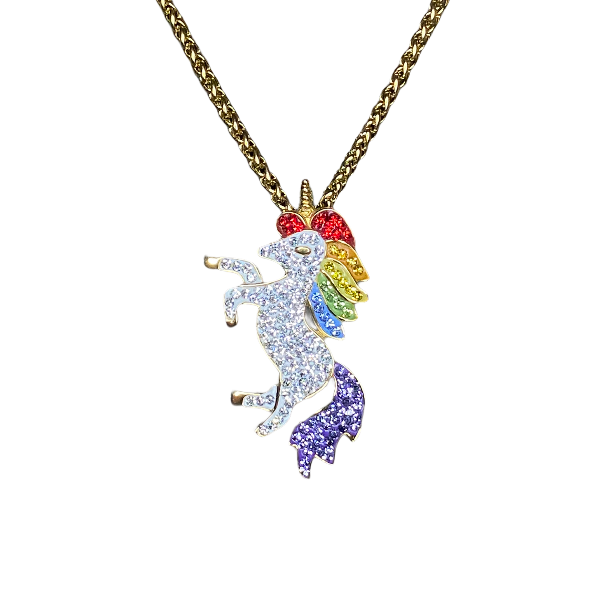 Unicorn-shaped necklace pendant with rainbow colors on a white background