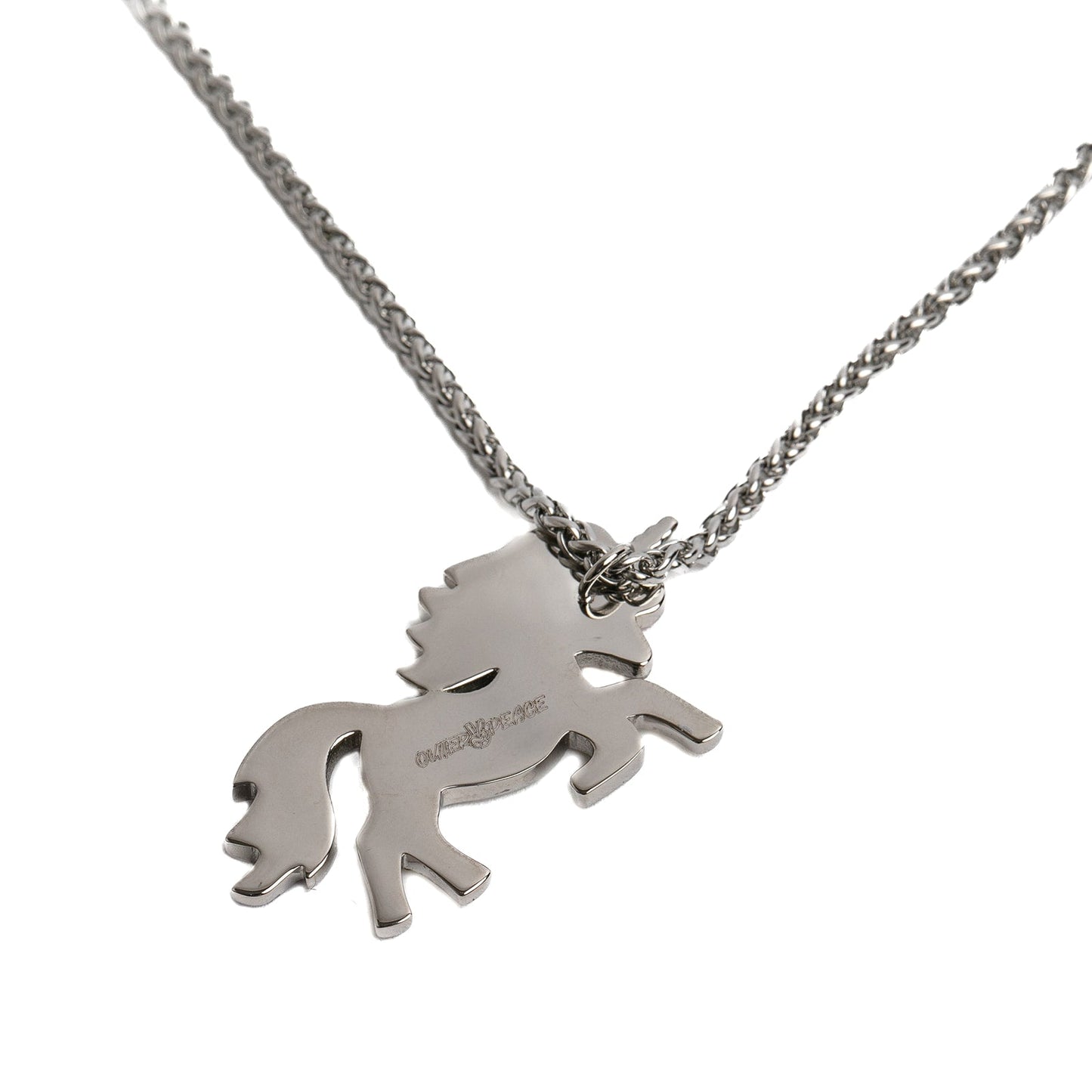 back of silver unicorn pendant necklace on a white background
