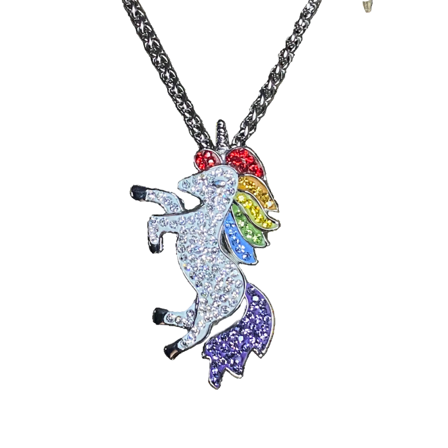 LGBTQ colored unicorn pendant necklace in silver on a white background