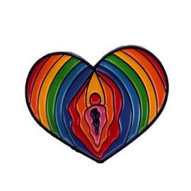 Heart-shaped vulva lapel pin with an lgbtq pride design on a white background