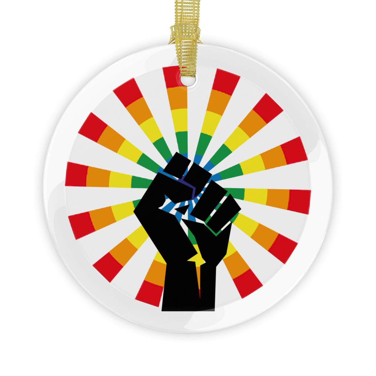 Clear glass holiday ornament with beveled edges and an LGBTQ rainbow starburst in center with a black resist fist overlayed.