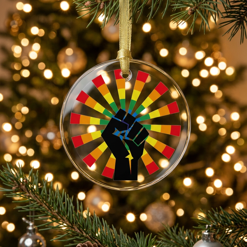Clear glass holiday ornament hanging from a christmas tree limb with lights with an LGBTQ rainbow starburst in center with a black resist fist overlayed.