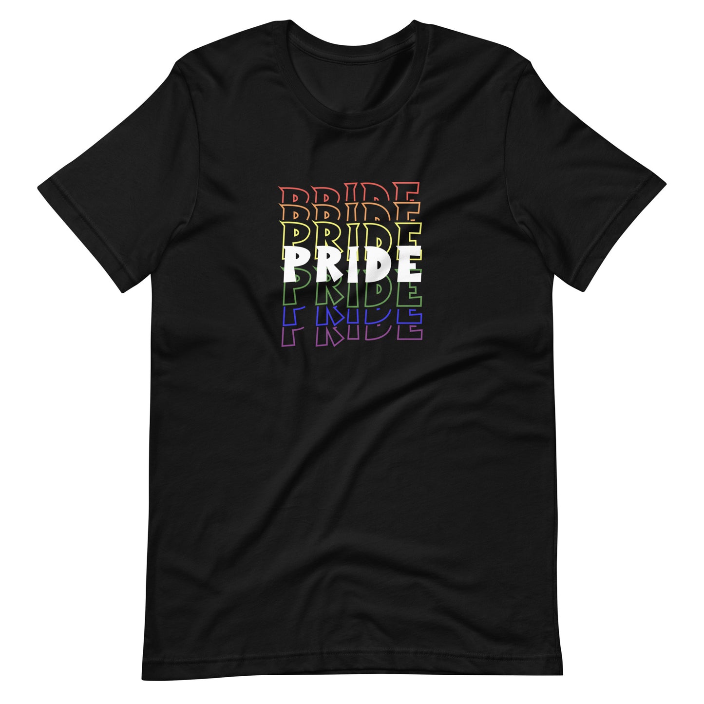 Black t-shirt with 'PRIDE' in colorful letters on a white background