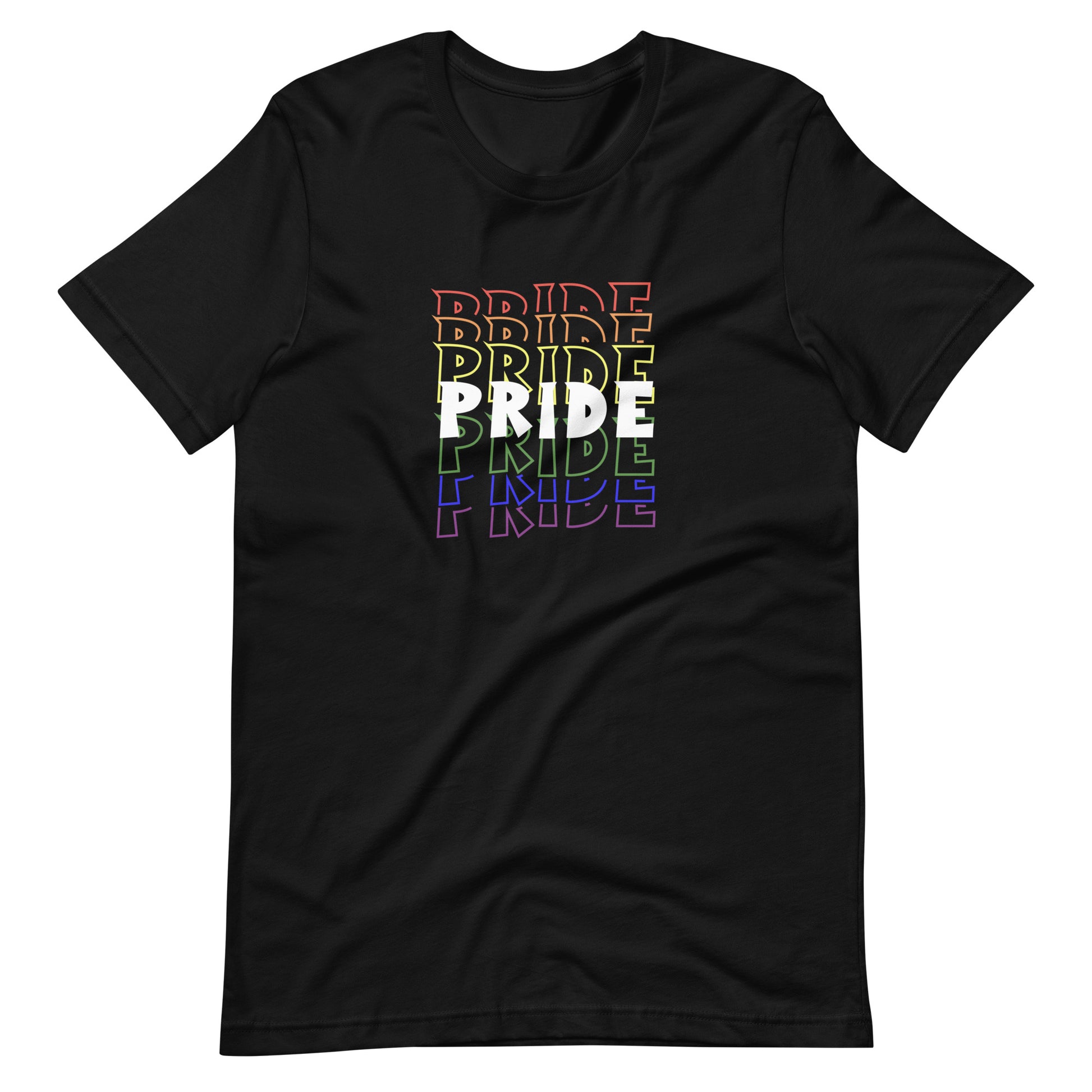 Black t-shirt with 'PRIDE' in colorful letters on a white background