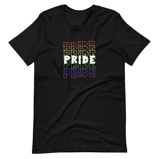 Black t-shirt with 'PRIDE' in colorful letters on a white background
