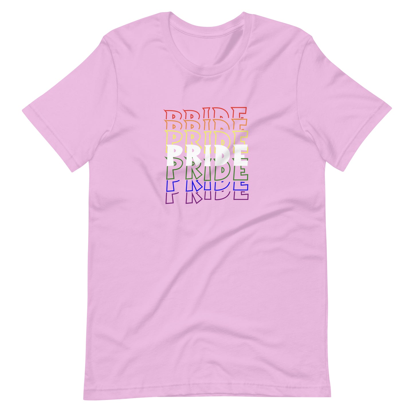 Pink t-shirt with 'PRIDE' printed in colorful letters on a white background