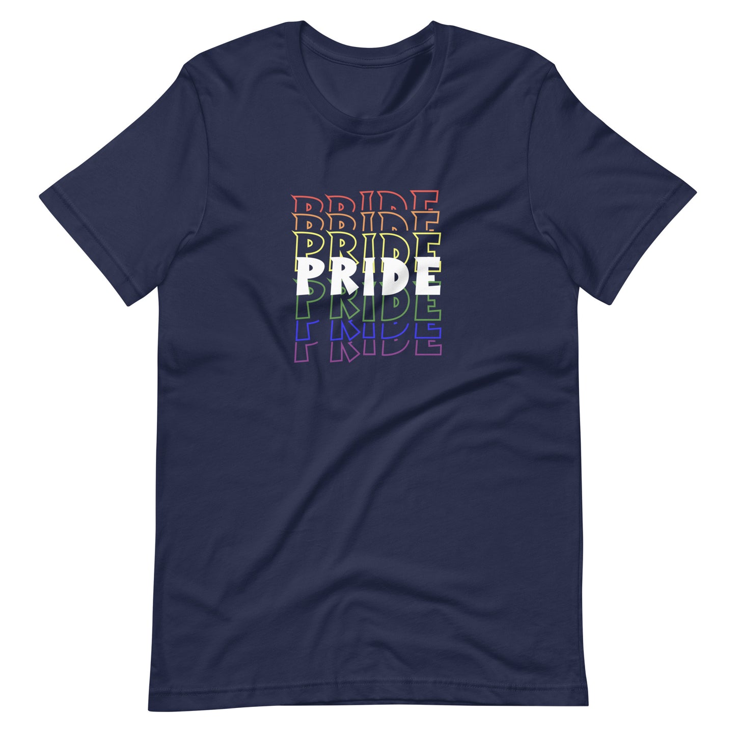 Navy blue t-shirt with 'PRIDE' text in multicolor on a white background