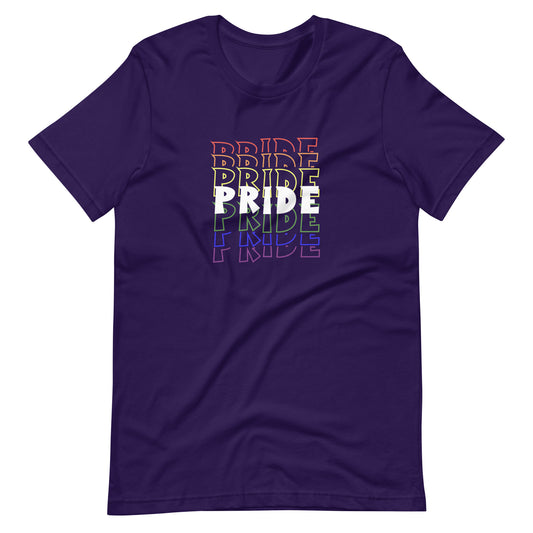 Purple t-shirt with 'PRIDE' text in multicolor on a white background
