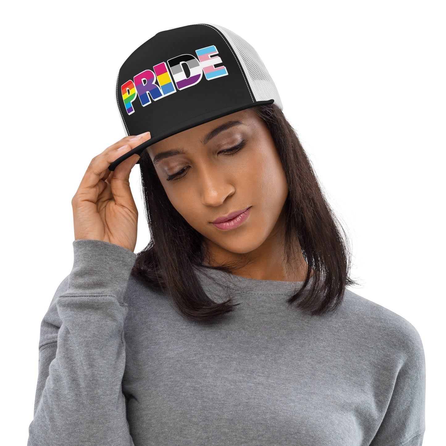 LGBTQ Pride Trucker Cap lgbtq-pride-trucker-cap-hat-black-white-front-lifestyle