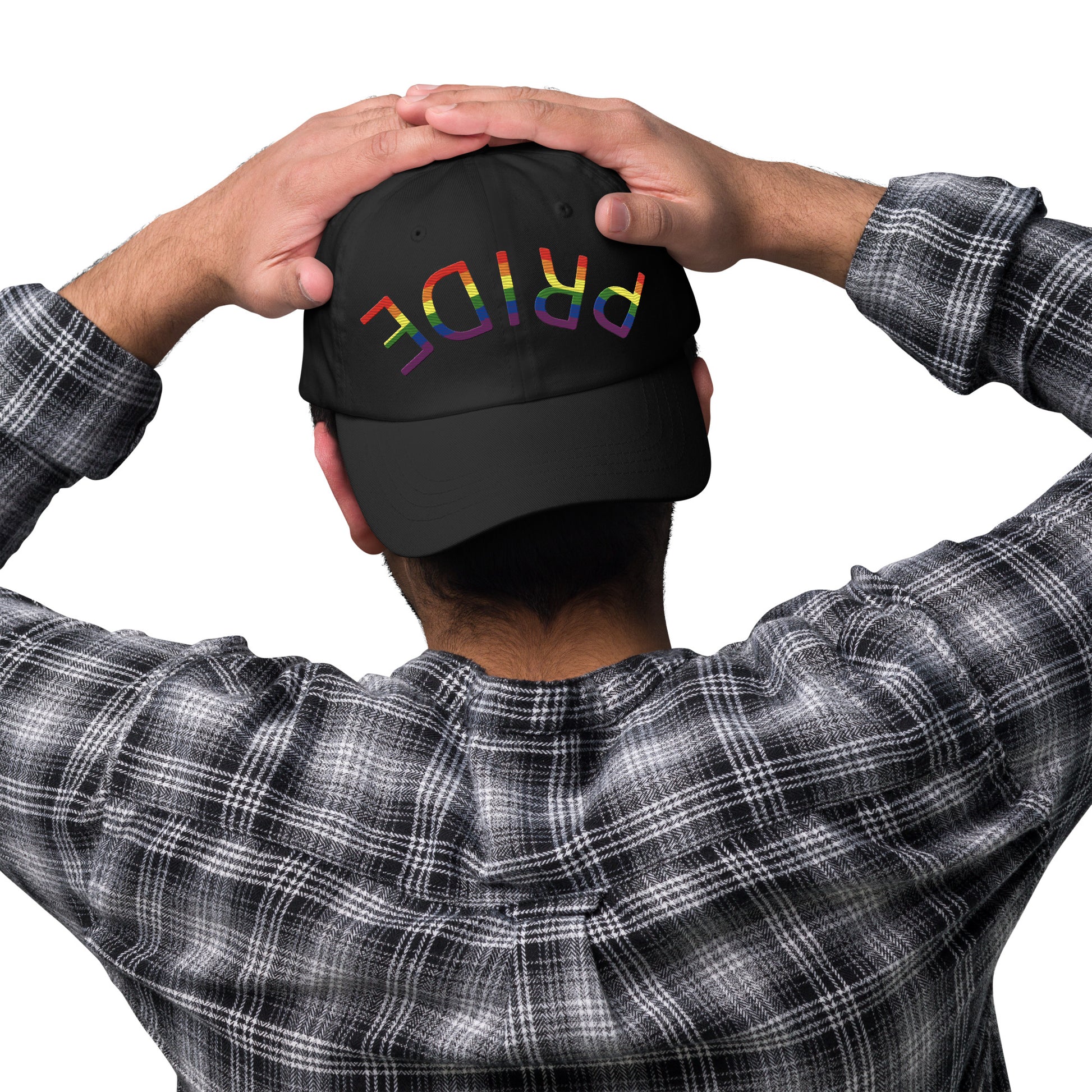 LGBTQ Pride Upside Down Embroidered Baseball Hat lgbtq-pride-upside-down-embroidered-baseball-hat-black-front-lifestyle Baseball Caps