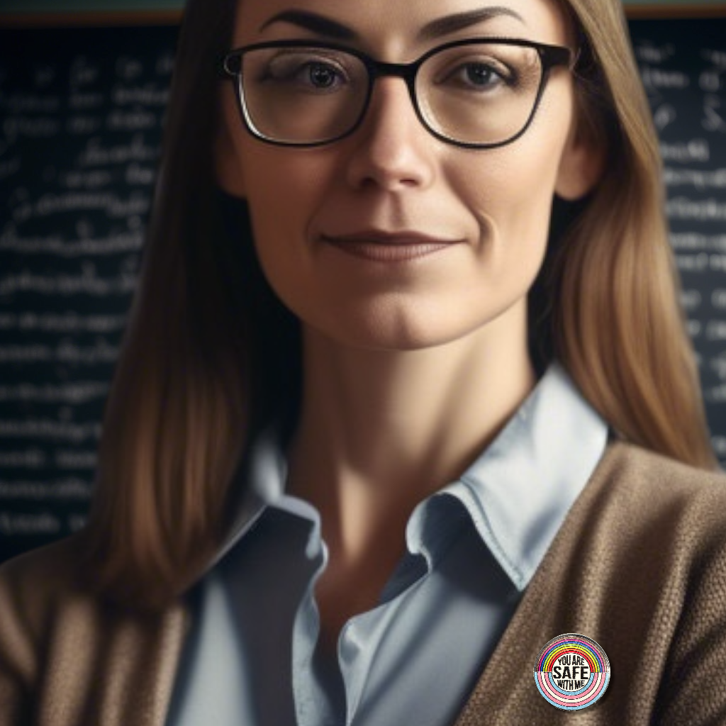 Woman wearing glasses and a brown cardigan with a visible lapel pin that says 'you are safe with me'.