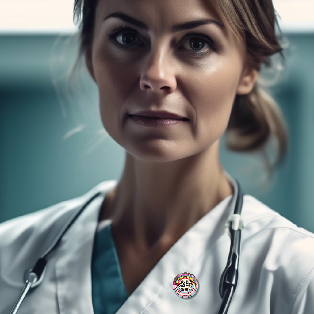 medical doctor with a stethoscope, wearing a lapel on her chest that says 'you are safe with me'