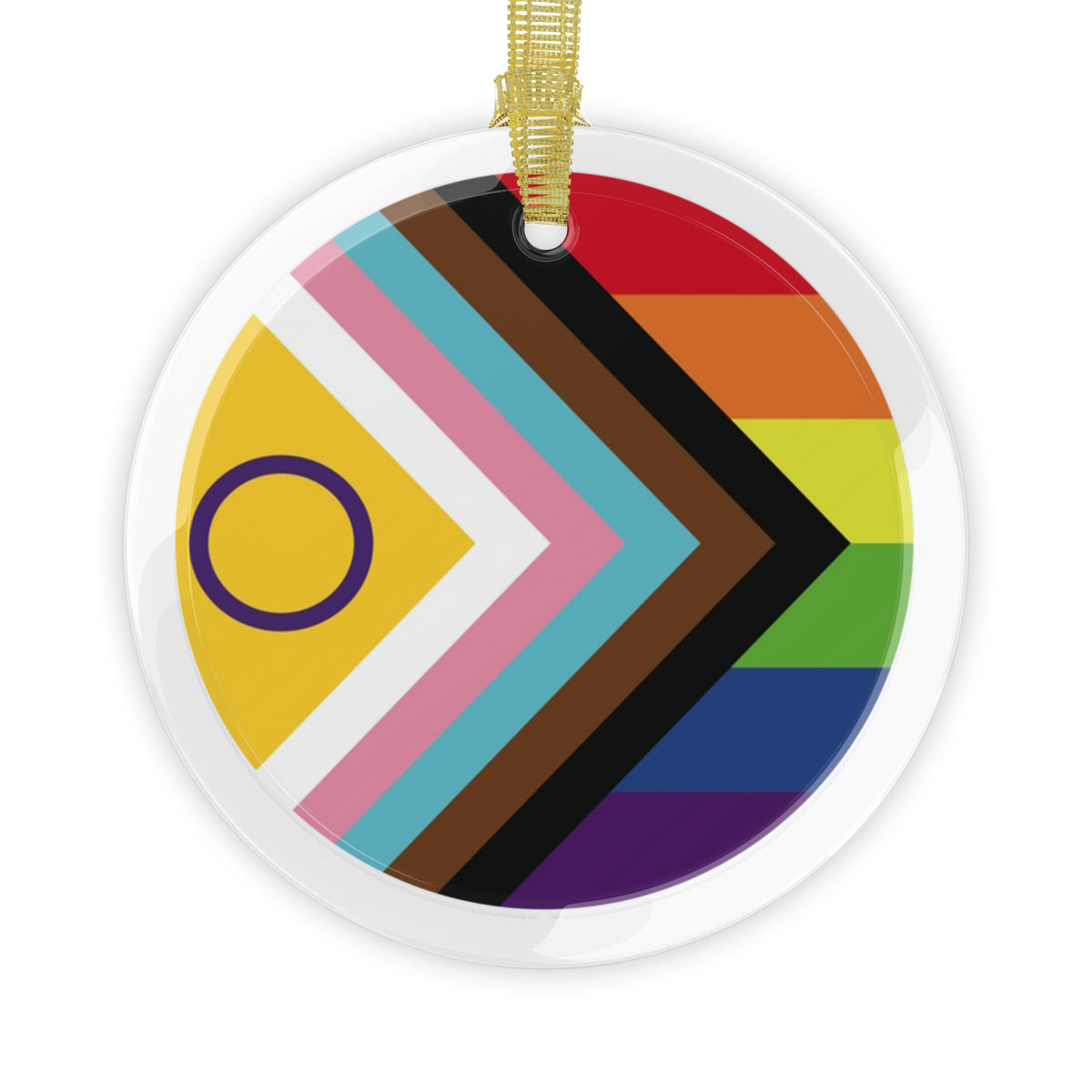 Round crystal clear glass holiday ornament with an intersex inclusive progress pride flag in the center and a gold ribbon hanger