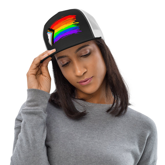 LGBTQ Progress Pride Paint Trucker Cap lgbtq-progress-pride-paint-trucker-cap-hat-black-white-front-lifestyle