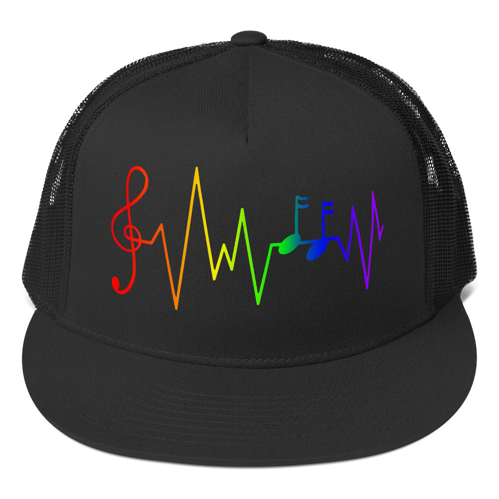 LGBTQ Rainbow Music Notes Trucker Cap Black Pride lgbtq-rainbow-music-notes-trucker-cap-black-front
