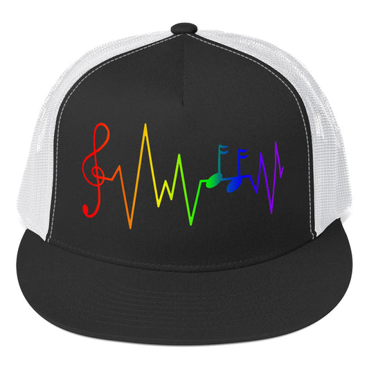 LGBTQ Rainbow Music Notes Trucker Cap Black White Pride lgbtq-rainbow-music-notes-trucker-cap-black-white-front