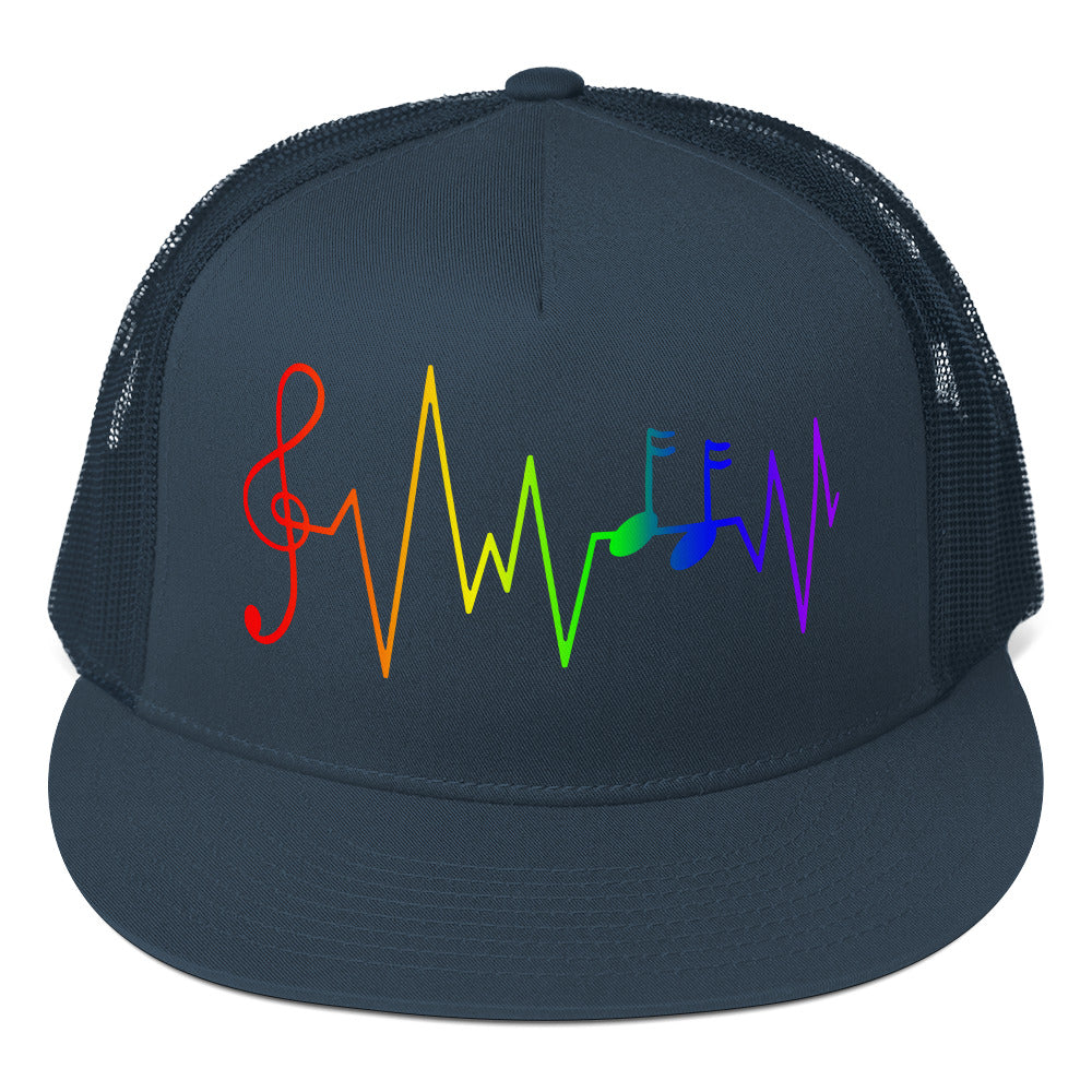 LGBTQ Rainbow Music Notes Trucker Cap Navy Pride lgbtq-rainbow-music-notes-trucker-cap-navy-front