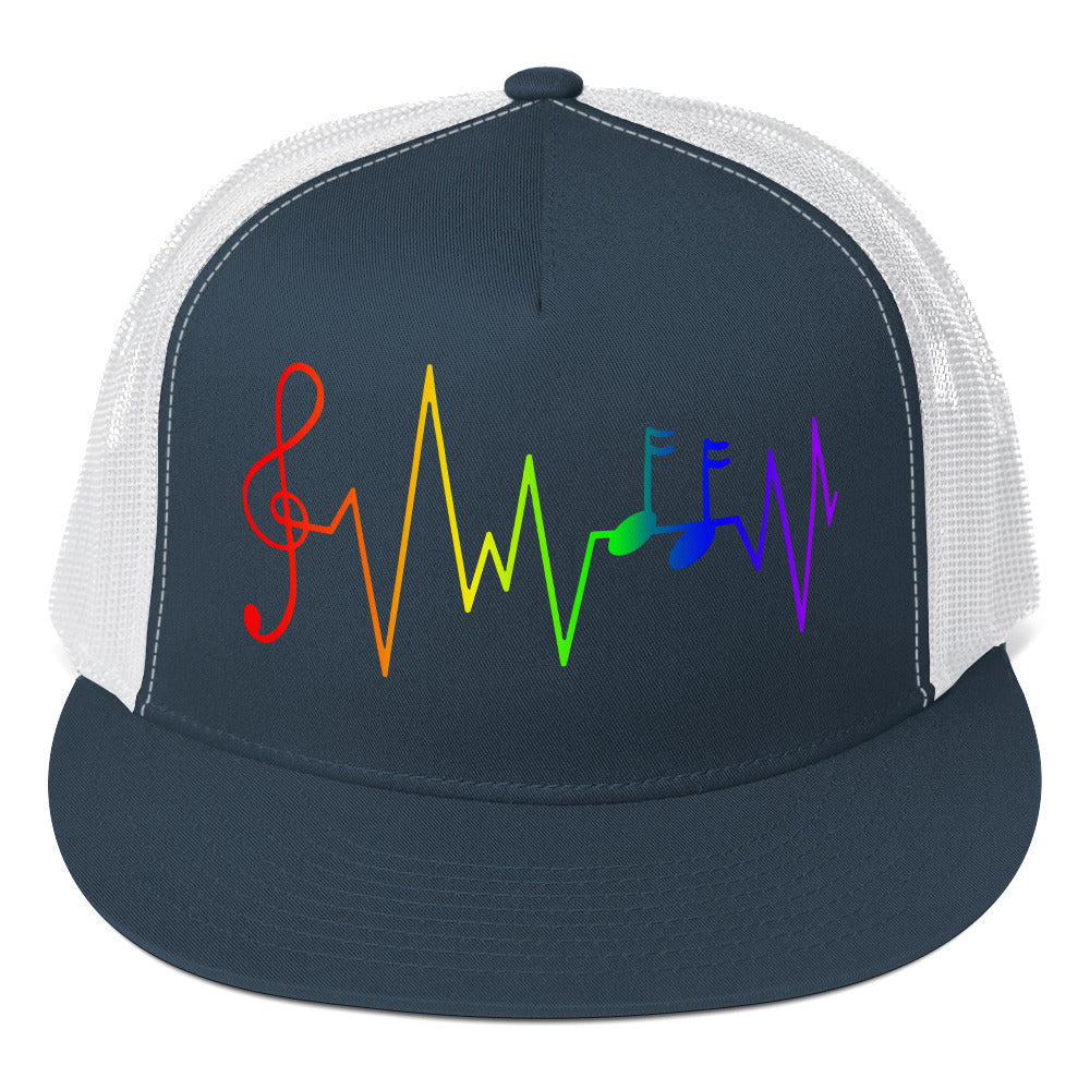 LGBTQ Rainbow Music Notes Trucker Cap Navy White Pride lgbtq-rainbow-music-notes-trucker-cap-navy-white-front