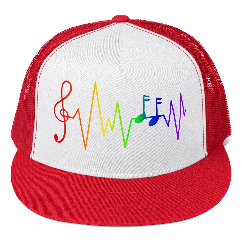 LGBTQ Rainbow Music Notes Trucker Cap Red White Red Pride lgbtq-rainbow-music-notes-trucker-cap-red-white-red-front