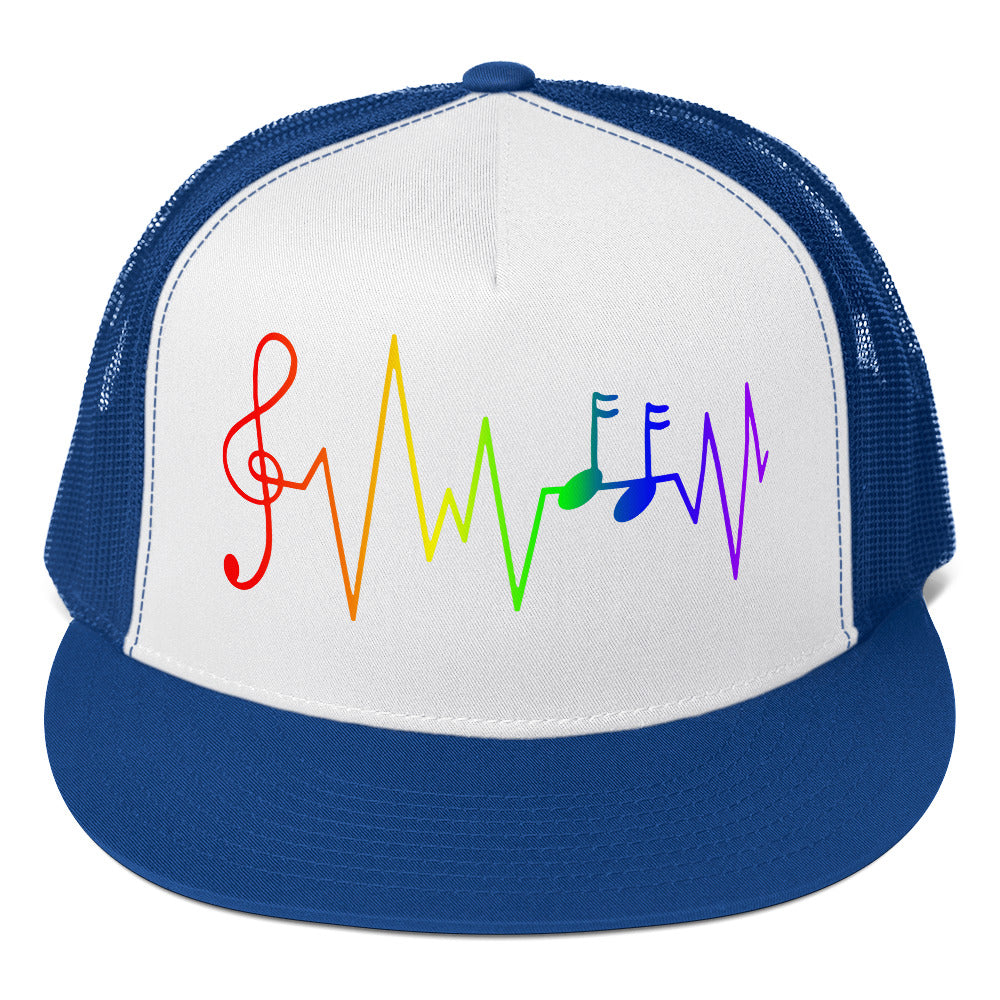 LGBTQ Rainbow Music Notes Trucker Cap Royal White Royal Pride lgbtq-rainbow-music-notes-trucker-cap-royal-white-royal-blue-front