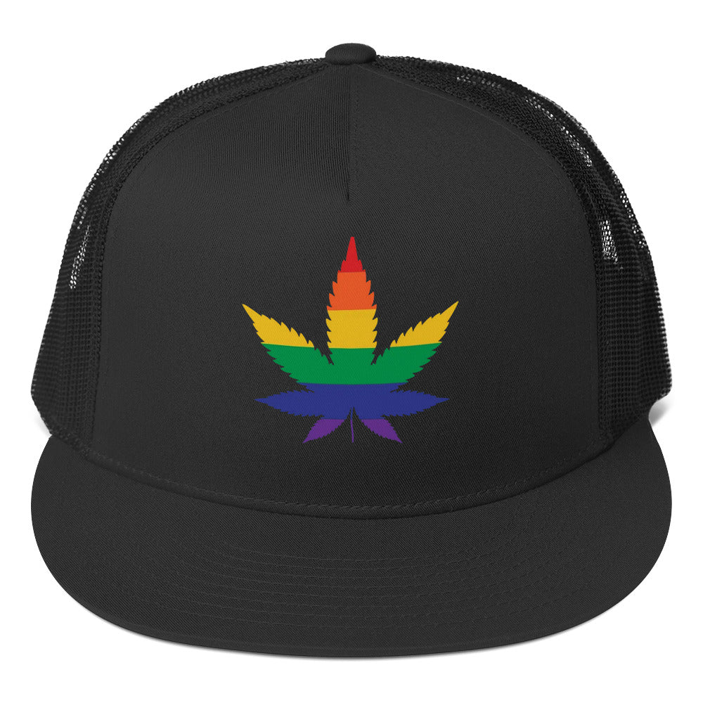 LGBTQ Rainbow Weed Trucker Cap Black Pride lgbtq-rainbow-weed-trucker-cap-black-front