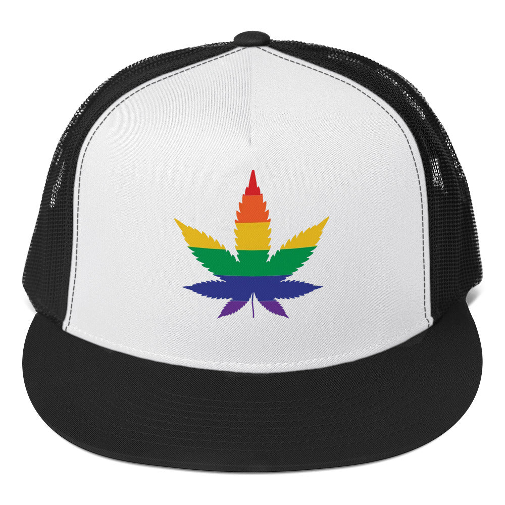 LGBTQ Rainbow Weed Trucker Cap Black White Black Pride lgbtq-rainbow-weed-trucker-cap-black-white-black-front