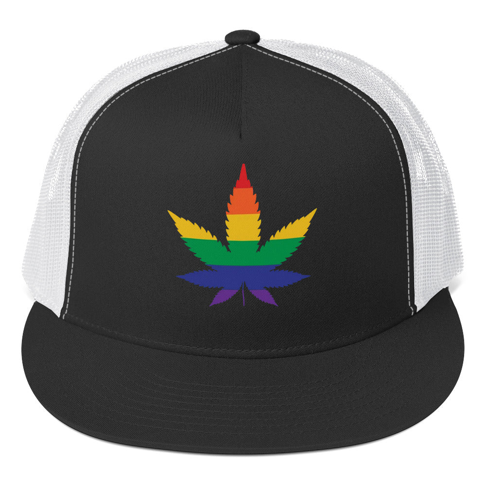 LGBTQ Rainbow Weed Trucker Cap Black White Pride lgbtq-rainbow-weed-trucker-cap-black-white-front