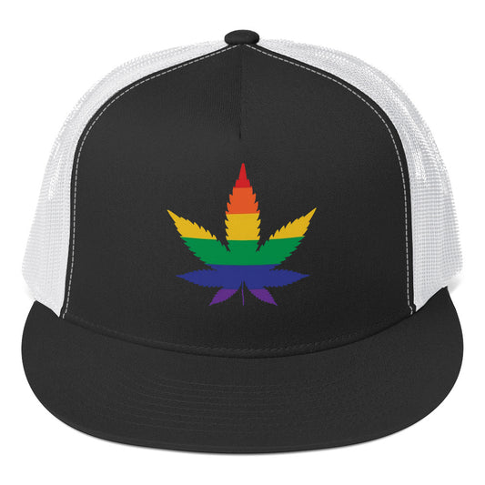LGBTQ Rainbow Weed Trucker Cap Black White Pride lgbtq-rainbow-weed-trucker-cap-black-white-front