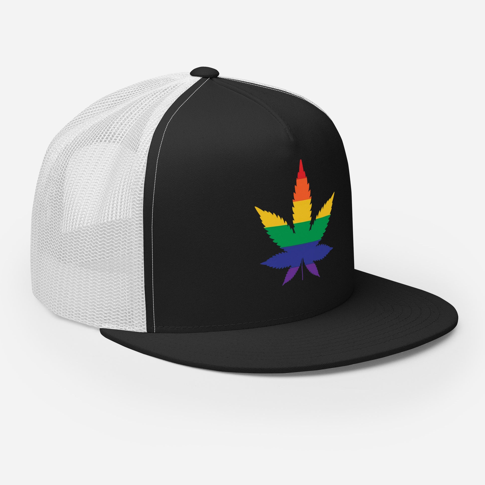LGBTQ Rainbow Weed Trucker Cap lgbtq-rainbow-weed-trucker-cap-black-white-right-front