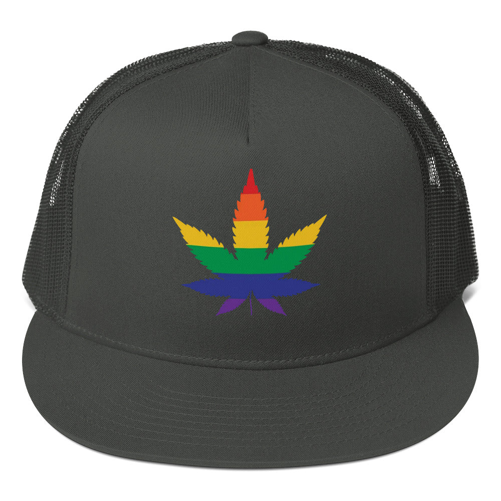 LGBTQ Rainbow Weed Trucker Cap Charcoal Pride lgbtq-rainbow-weed-trucker-cap-charcoal-front