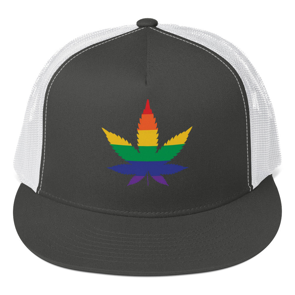 LGBTQ Rainbow Weed Trucker Cap Charcoal White Pride lgbtq-rainbow-weed-trucker-cap-charcoal-white-front