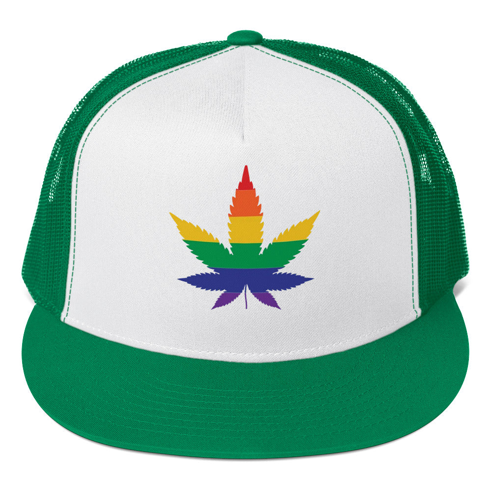 LGBTQ Rainbow Weed Trucker Cap Kelly White Kelly Pride lgbtq-rainbow-weed-trucker-cap-green-white-kelly-front