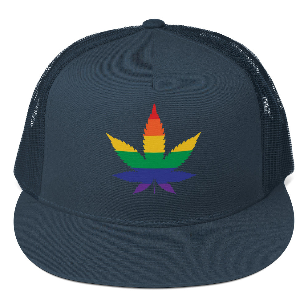 LGBTQ Rainbow Weed Trucker Cap Navy Pride lgbtq-rainbow-weed-trucker-cap-navy-front