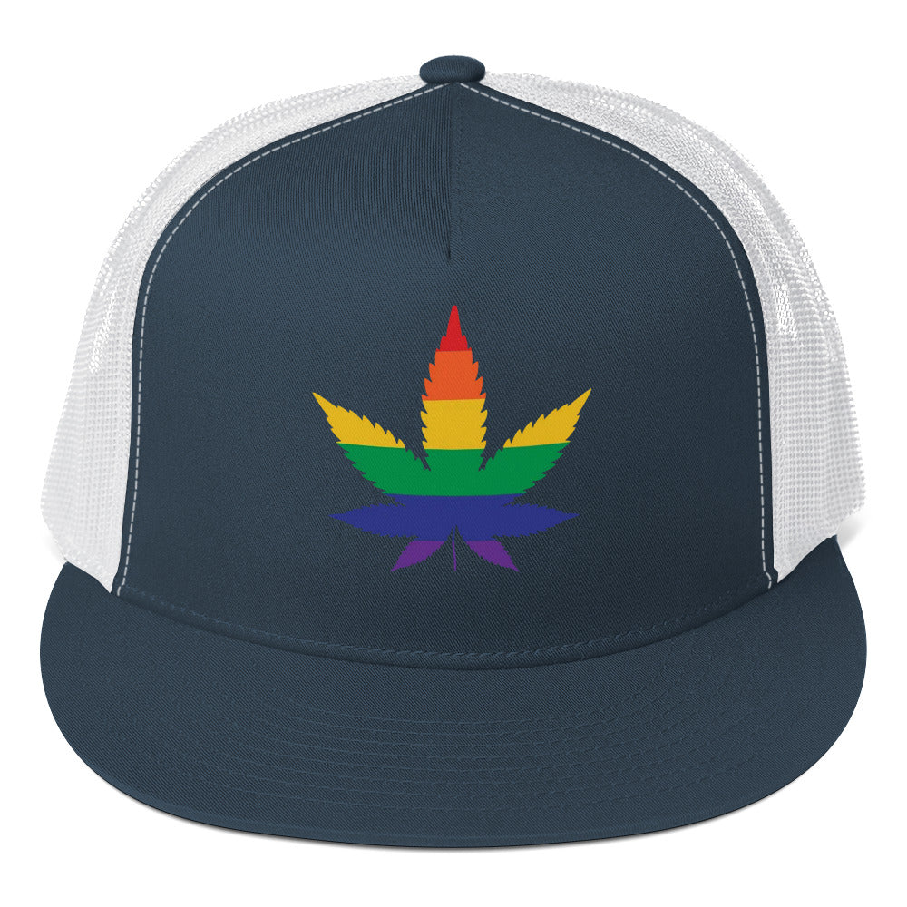LGBTQ Rainbow Weed Trucker Cap Navy White Pride lgbtq-rainbow-weed-trucker-cap-navy-white-front