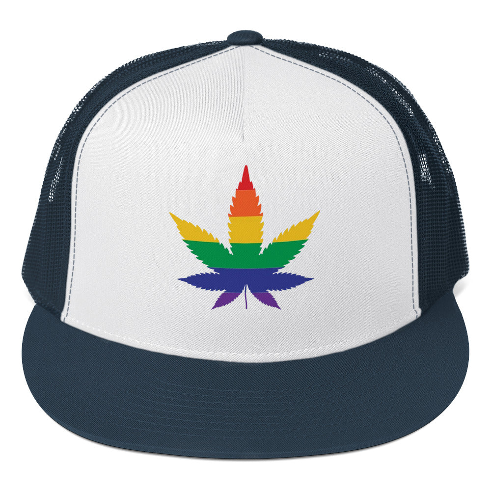LGBTQ Rainbow Weed Trucker Cap Navy White Navy Pride lgbtq-rainbow-weed-trucker-cap-navy-white-navy-front