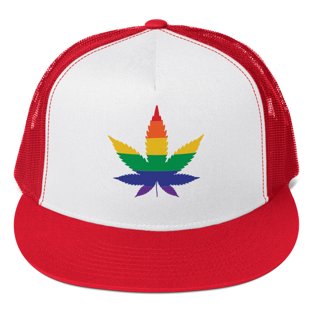 LGBTQ Rainbow Weed Trucker Cap Red White Red Pride lgbtq-rainbow-weed-trucker-cap-red-white-red-front
